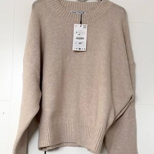 Zara Women's Soft Beige Crew Neck Sweater